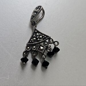 Vintage Sterling Silver 925 Marcasite Cut Black Glass Dangle Pendant NF